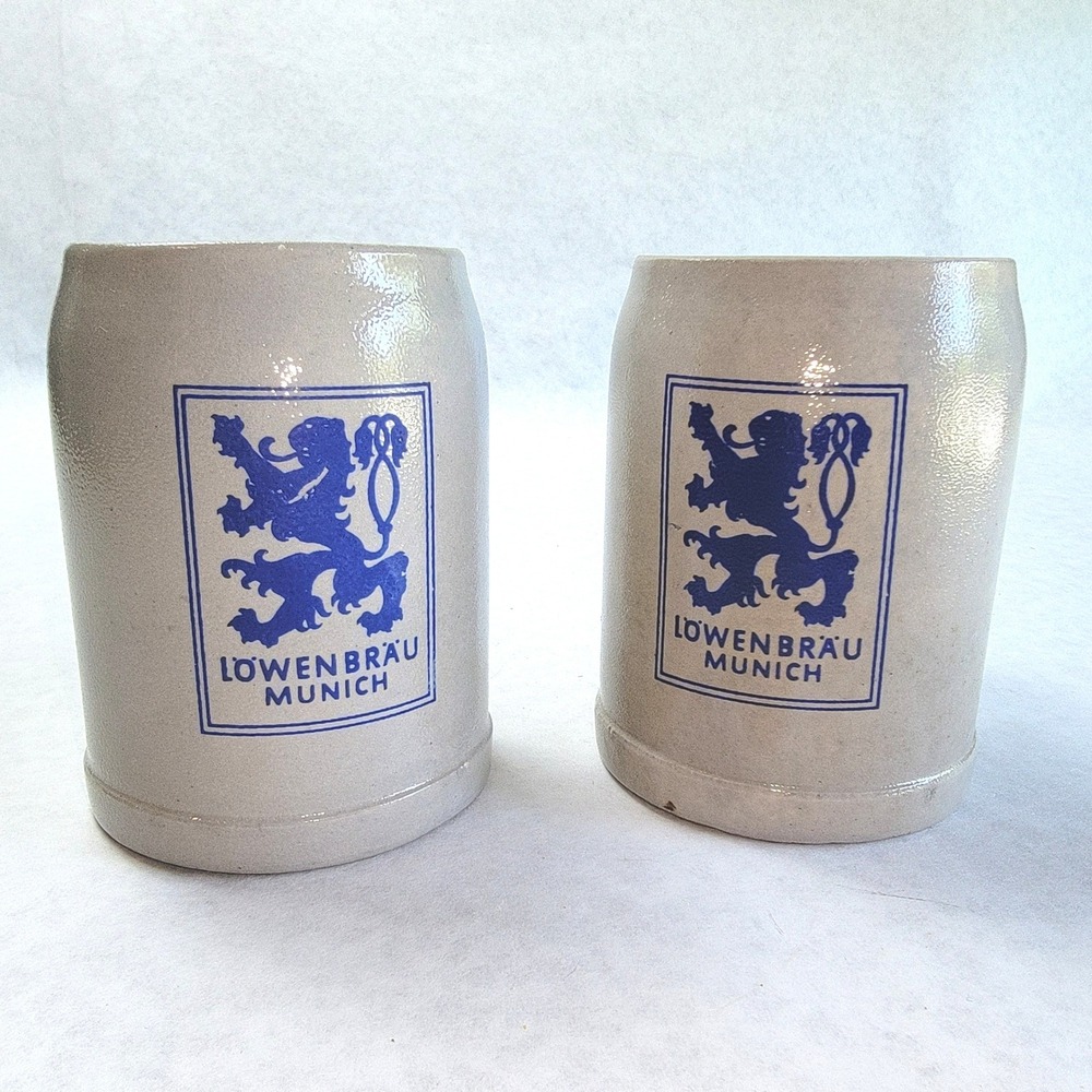 Lowenbrau Munich Beer Stein Set of 2 Made in Germany 0.5L Stoneware Grey Blue